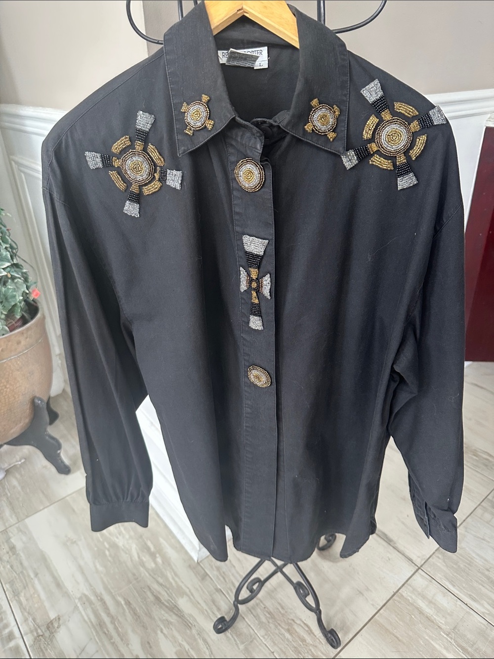 Black Beaded Embellished Button-Up Blouse - Regina Porter .Vintage